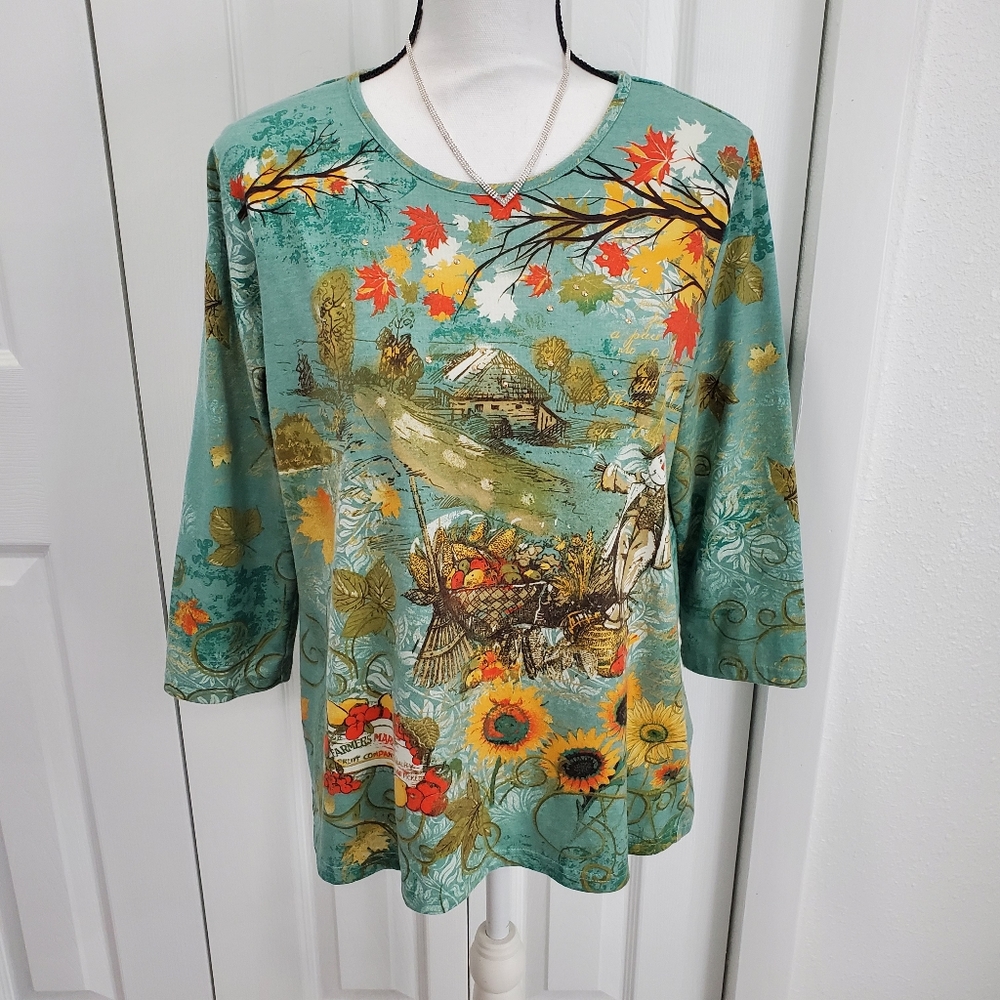 I.B.Diffusion Green Autumn Scene Shirt, Size Large